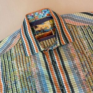 Robert Graham Cheltenham Embroidered Striped Plaid Embroidered LS Shirt Medium